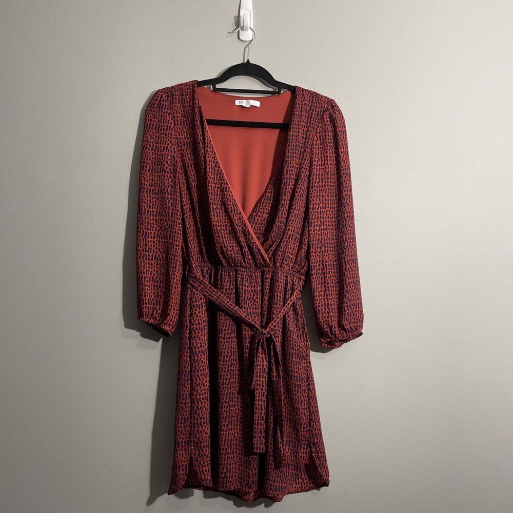 DR2 Women’s Retro Mod Geo Print Dress Red Belted Waist V-Neck Pockets Size S